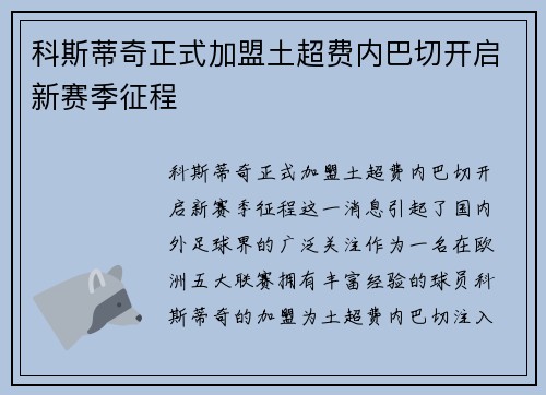 科斯蒂奇正式加盟土超费内巴切开启新赛季征程