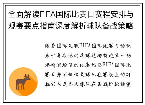 全面解读FIFA国际比赛日赛程安排与观赛要点指南深度解析球队备战策略